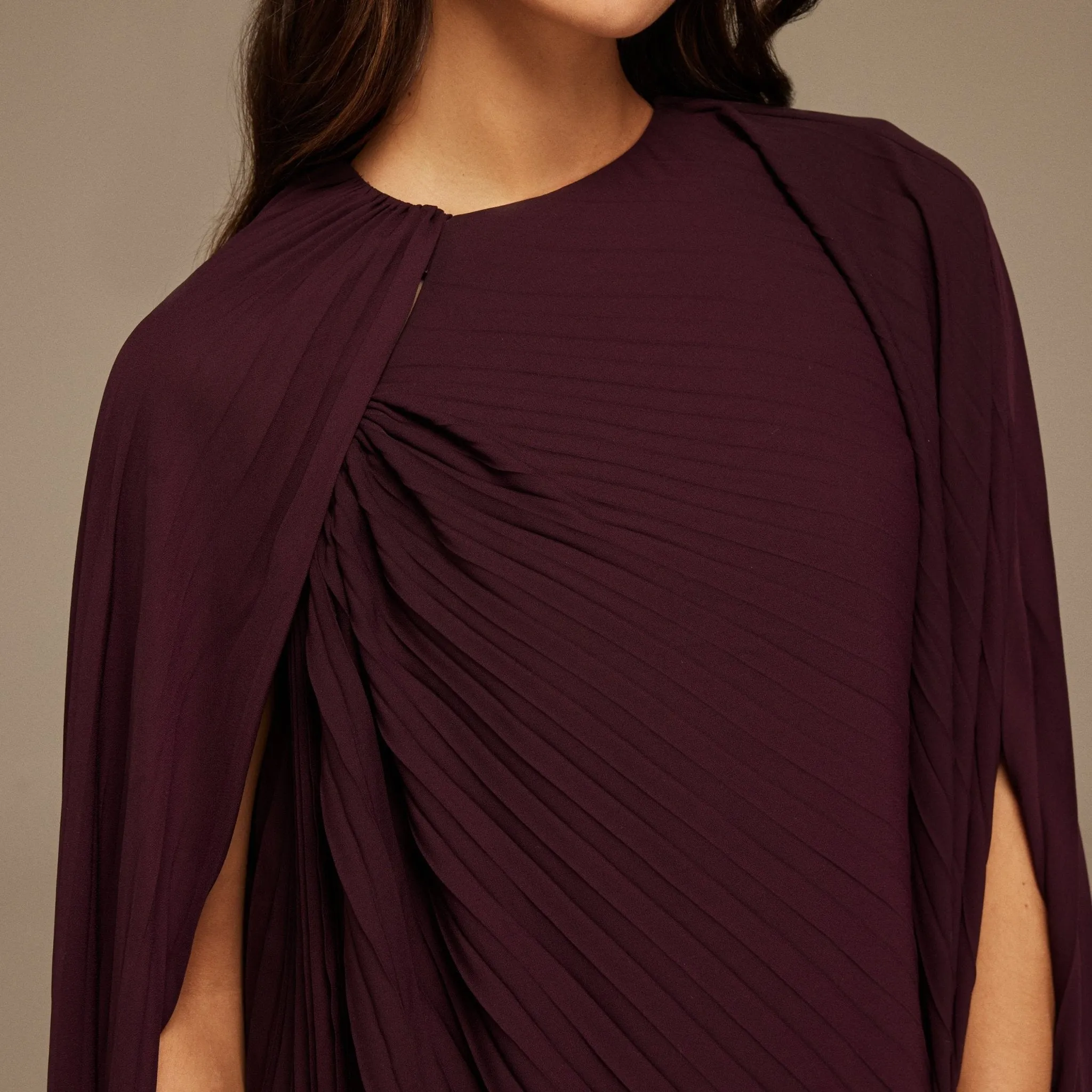 Purple Pleated Cape Midi Dress