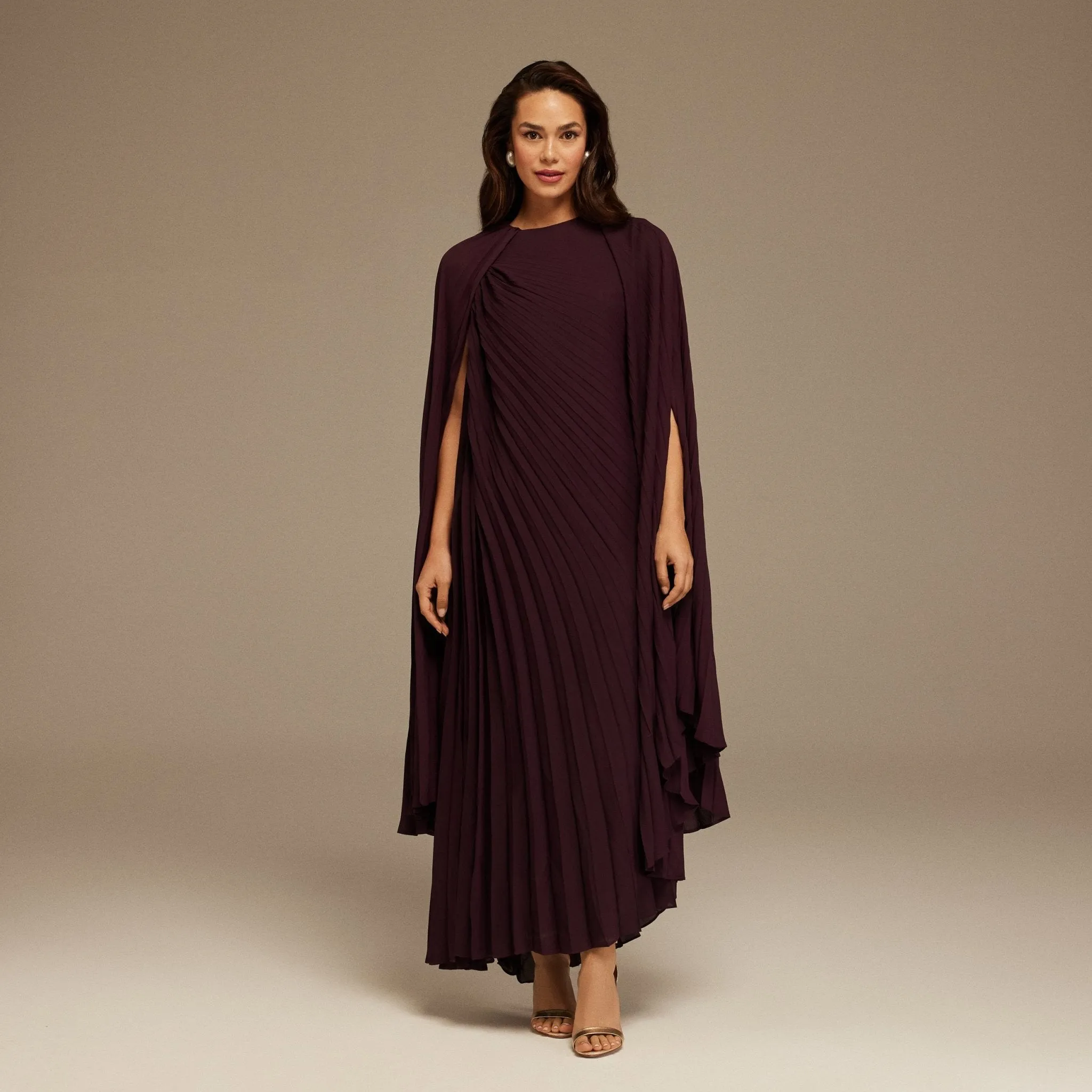 Purple Pleated Cape Midi Dress