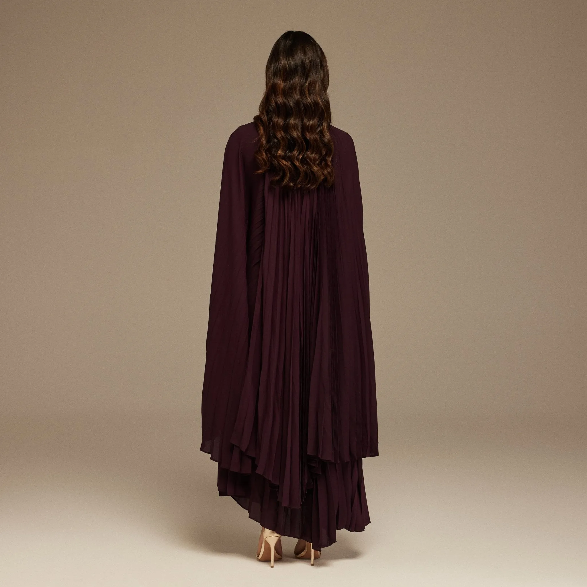 Purple Pleated Cape Midi Dress