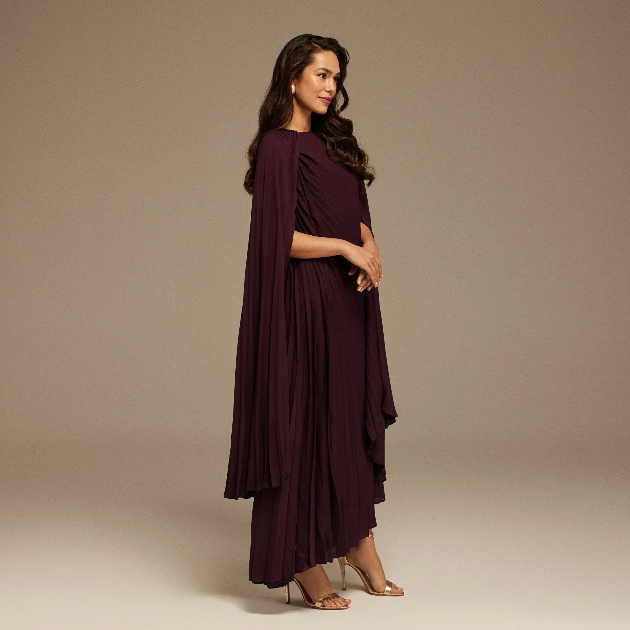 Purple Pleated Cape Midi Dress