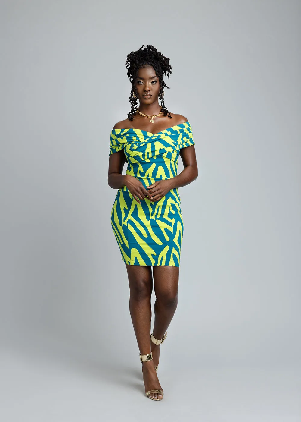 Rashida Women's African Print Stretch Dress (Lime Zebra Abstract)