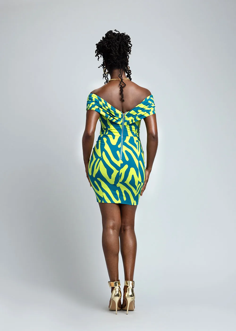 Rashida Women's African Print Stretch Dress (Lime Zebra Abstract)