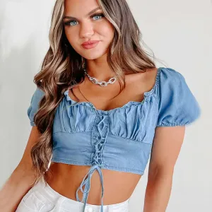 Raya Denim Puff Sleeve Lace-Up Crop Top