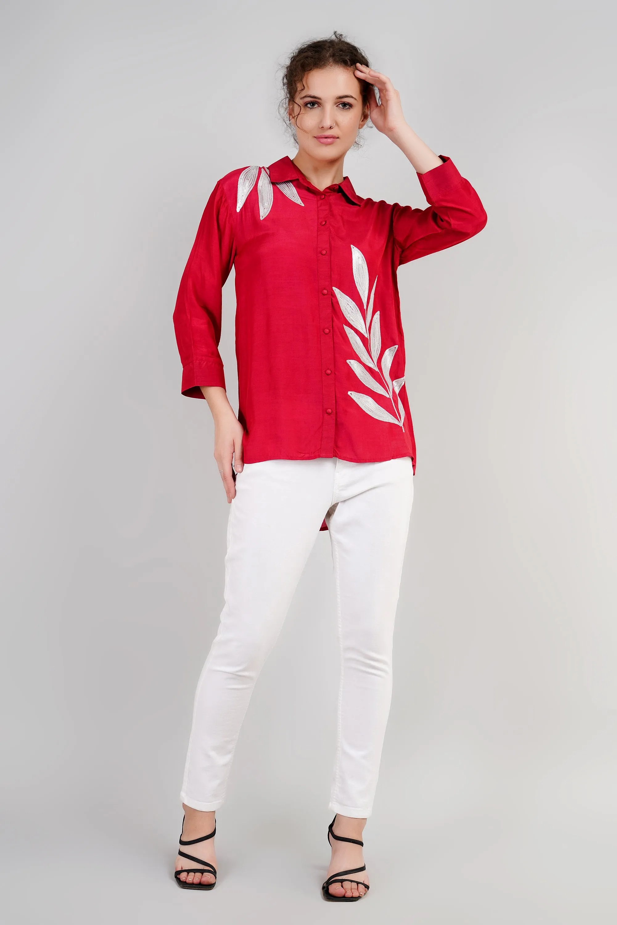 Red Muslin Cotton Embroidered Top