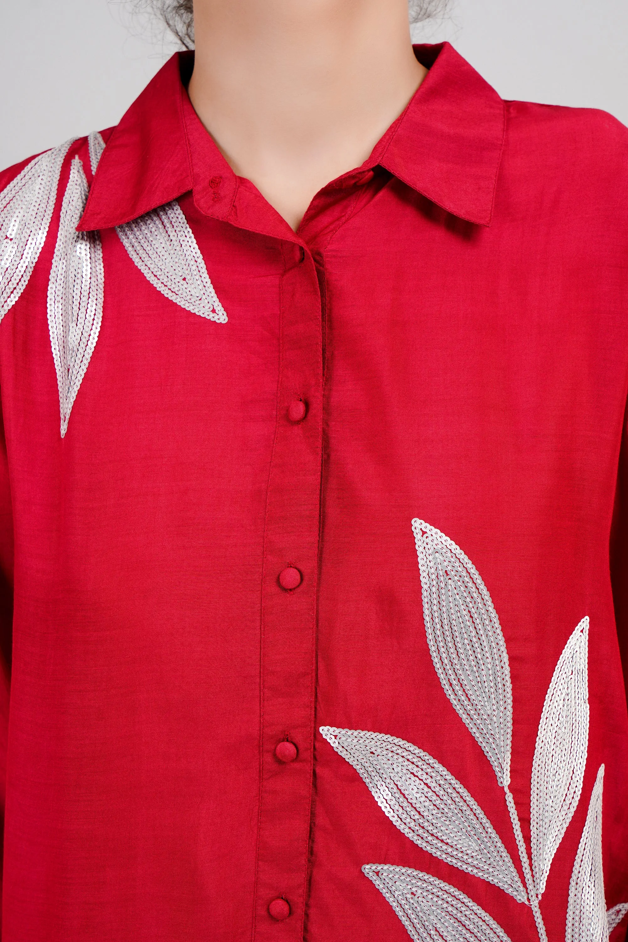 Red Muslin Cotton Embroidered Top