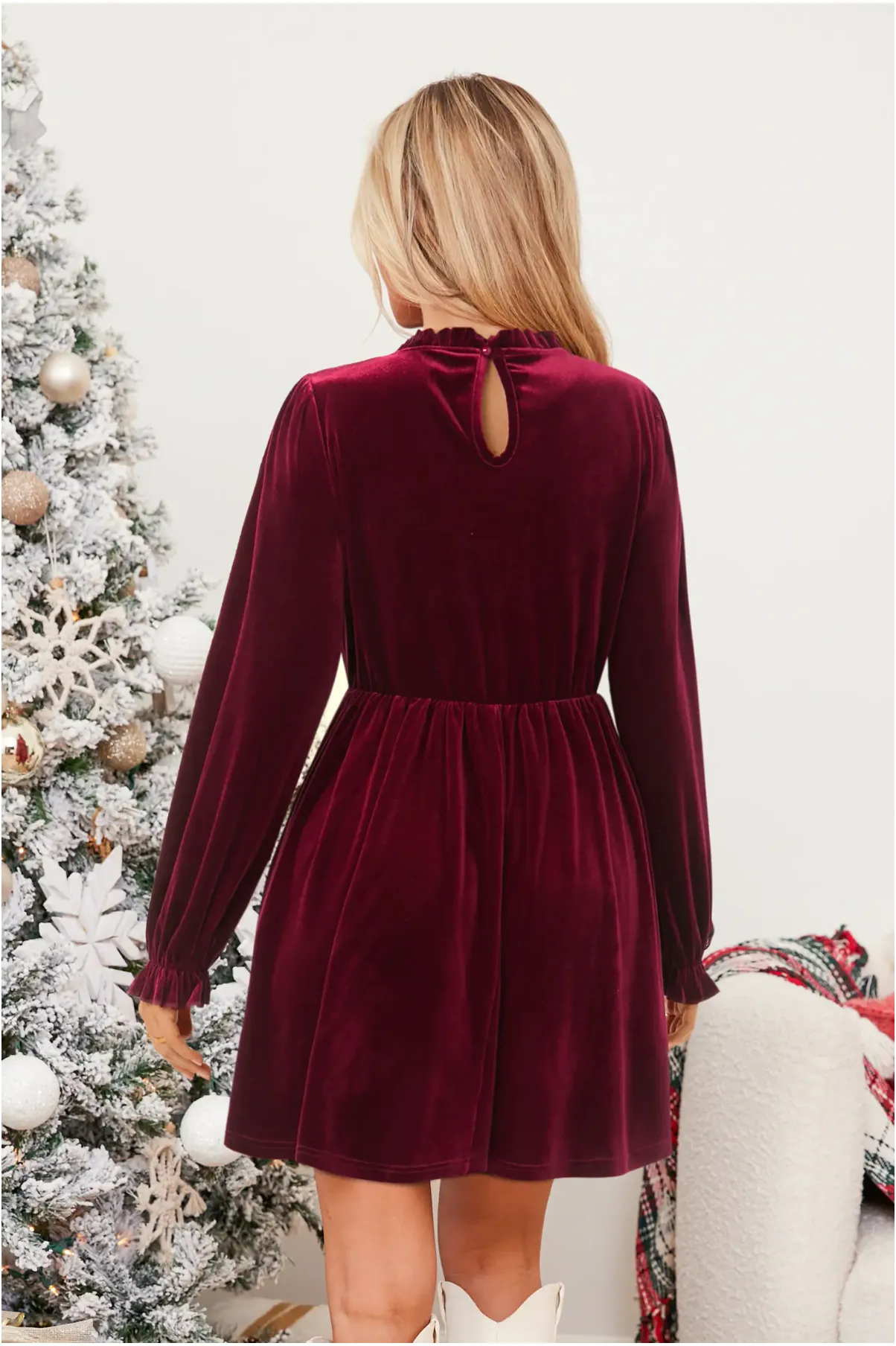 Red Velvet Long Puff-Sleeve Mini Dress for the Holidays