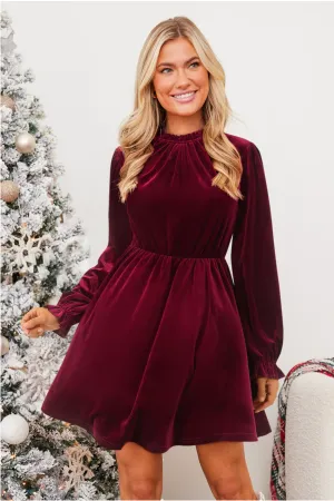 Red Velvet Long Puff-Sleeve Mini Dress for the Holidays