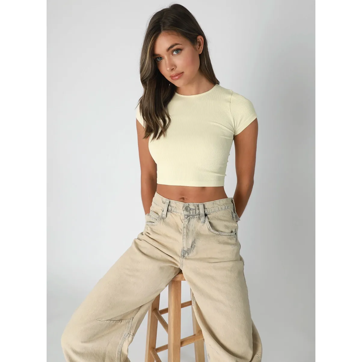 Ribbed Crop Baby Tee- Grey