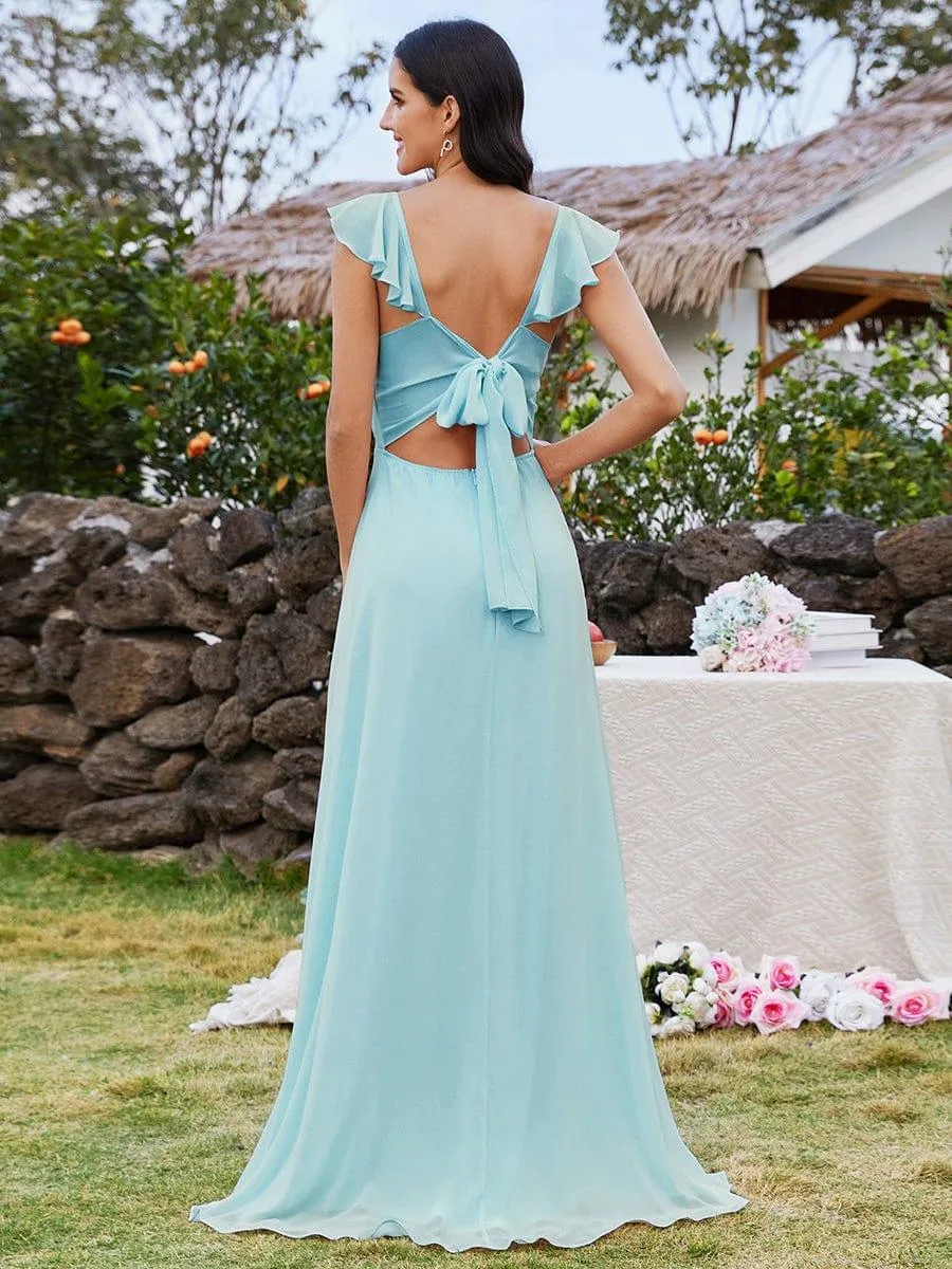 Robe de demoiselle d'honneur en mousseline à manches volantées et nœud papillon au dos avec fente haute et col en U