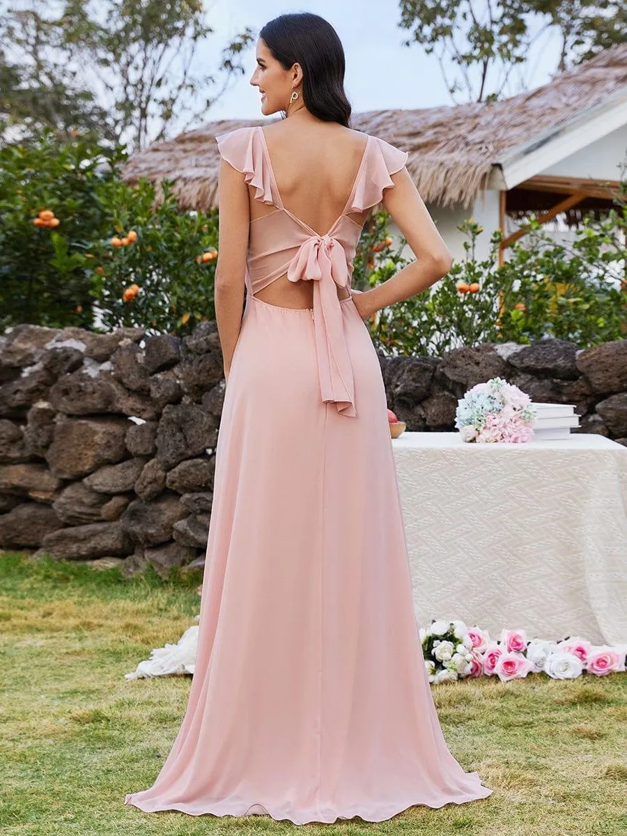 Robe de demoiselle d'honneur en mousseline à manches volantées et nœud papillon au dos avec fente haute et col en U
