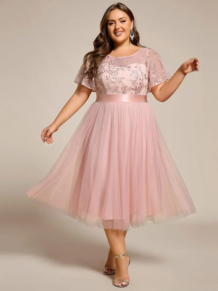 Robe de demoiselle d'honneur en tulle embelli avec manches transparentes