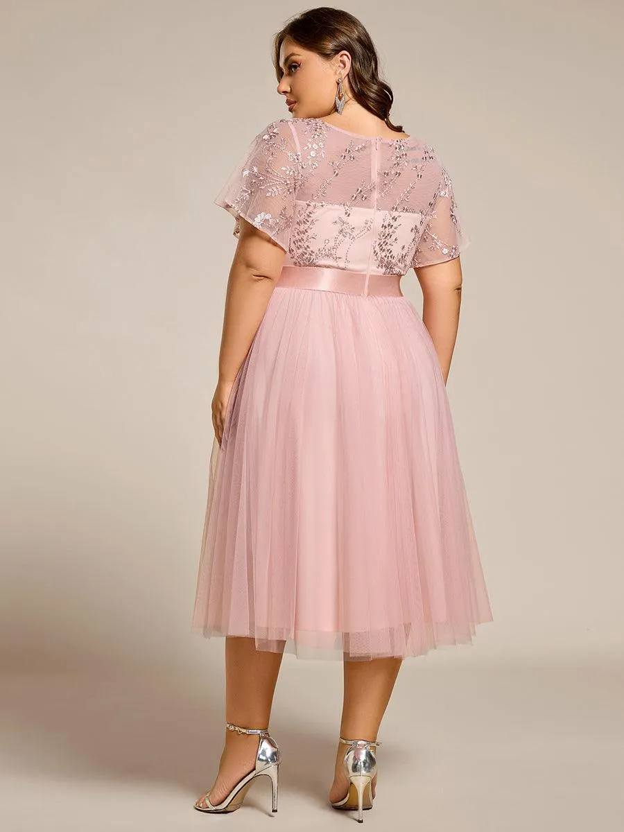 Robe de demoiselle d'honneur en tulle embelli avec manches transparentes