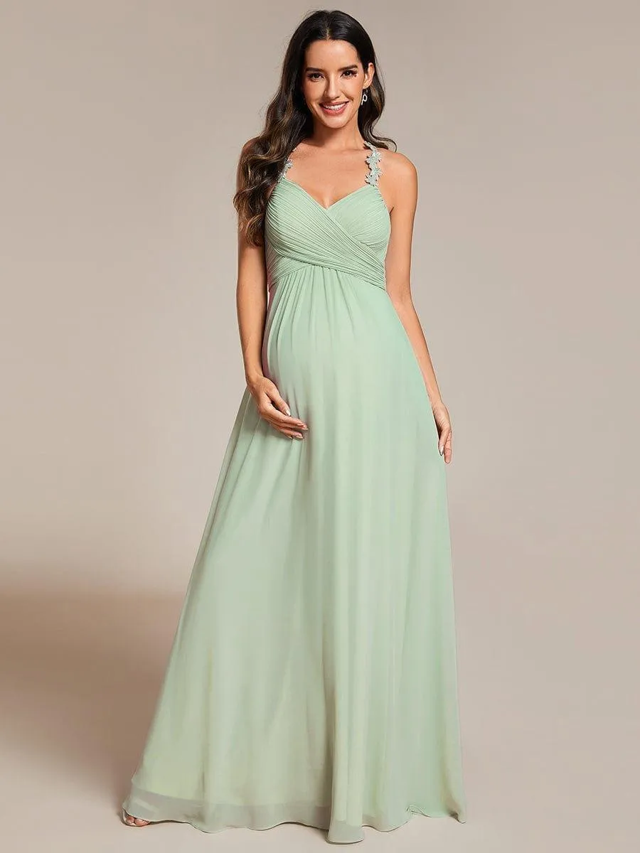 Robe de demoiselle d'honneur plissée dos nu à fleurs et col licou avec col en V