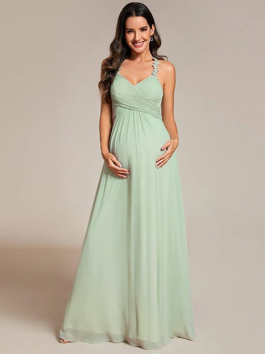 Robe de demoiselle d'honneur plissée dos nu à fleurs et col licou avec col en V