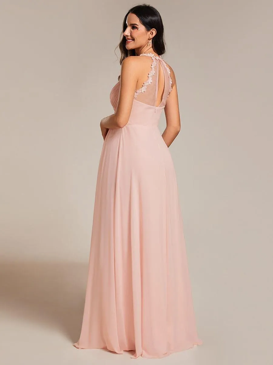 Robe de demoiselle d'honneur plissée dos nu à fleurs et col licou avec col en V