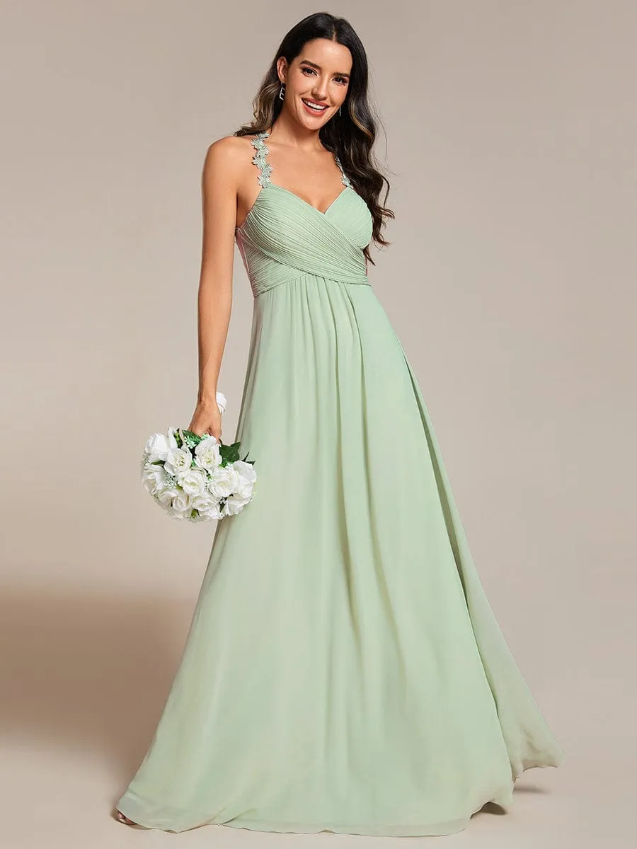 Robe de demoiselle d'honneur plissée dos nu à fleurs et col licou avec col en V