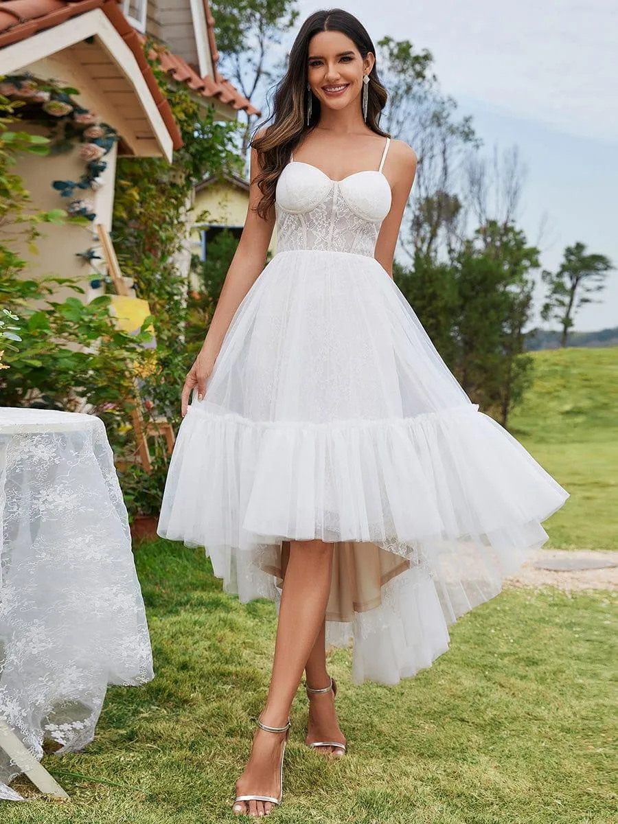 Robe de mariée haut-bas avec corset chérie et bretelles spaghetti