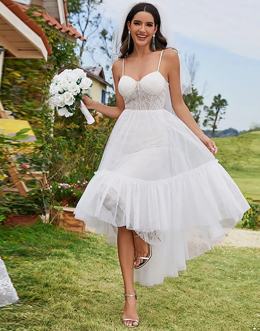 Robe de mariée haut-bas avec corset chérie et bretelles spaghetti