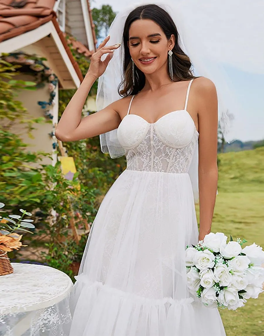 Robe de mariée haut-bas avec corset chérie et bretelles spaghetti