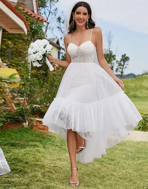 Robe de mariée haut-bas avec corset chérie et bretelles spaghetti