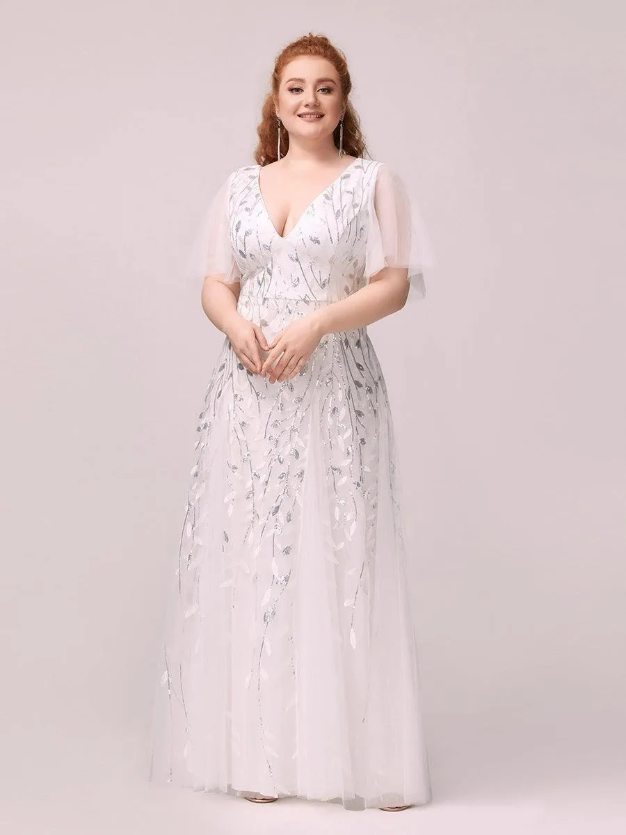 Robe de mariée longue à sequins et col en V scintillante et romantique