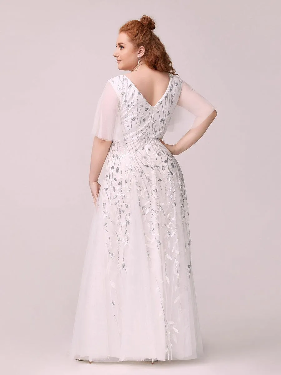 Robe de mariée longue à sequins et col en V scintillante et romantique