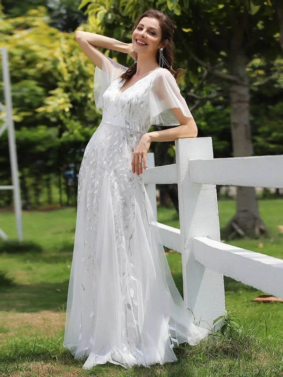 Robe de mariée longue à sequins et col en V scintillante et romantique