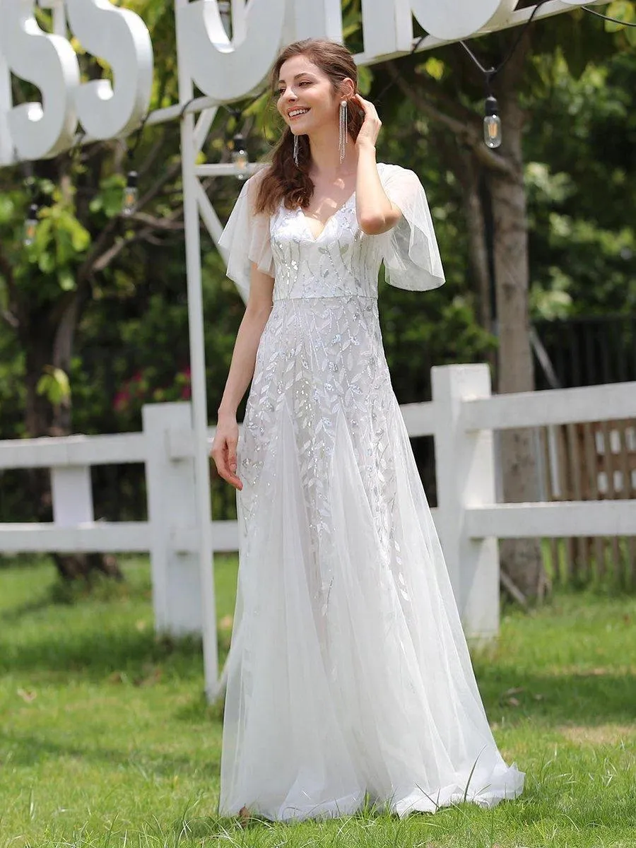 Robe de mariée longue à sequins et col en V scintillante et romantique