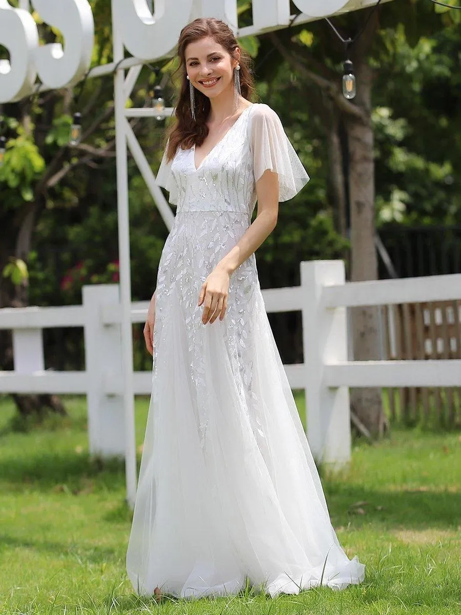 Robe de mariée longue à sequins et col en V scintillante et romantique