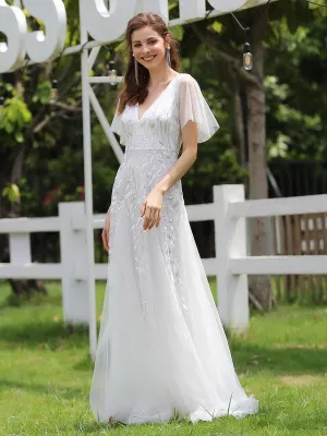 Robe de mariée longue à sequins et col en V scintillante et romantique