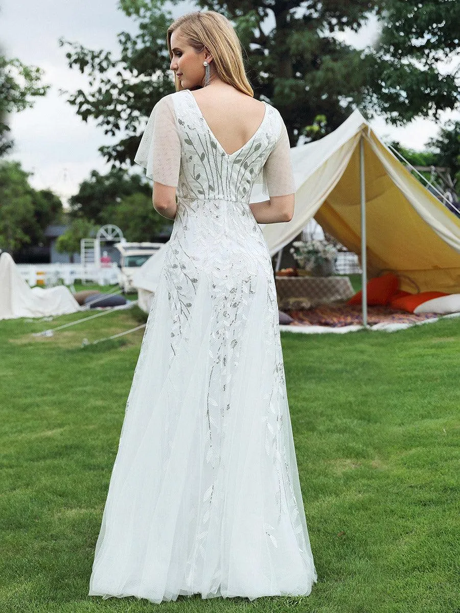 Robe de soirée de mariage à col en V et manches à volants