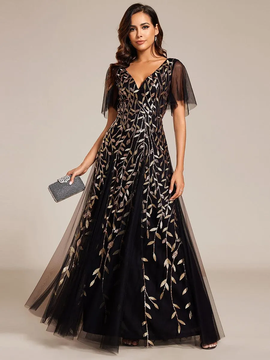 Robe de soirée de mariage à col en V et manches à volants