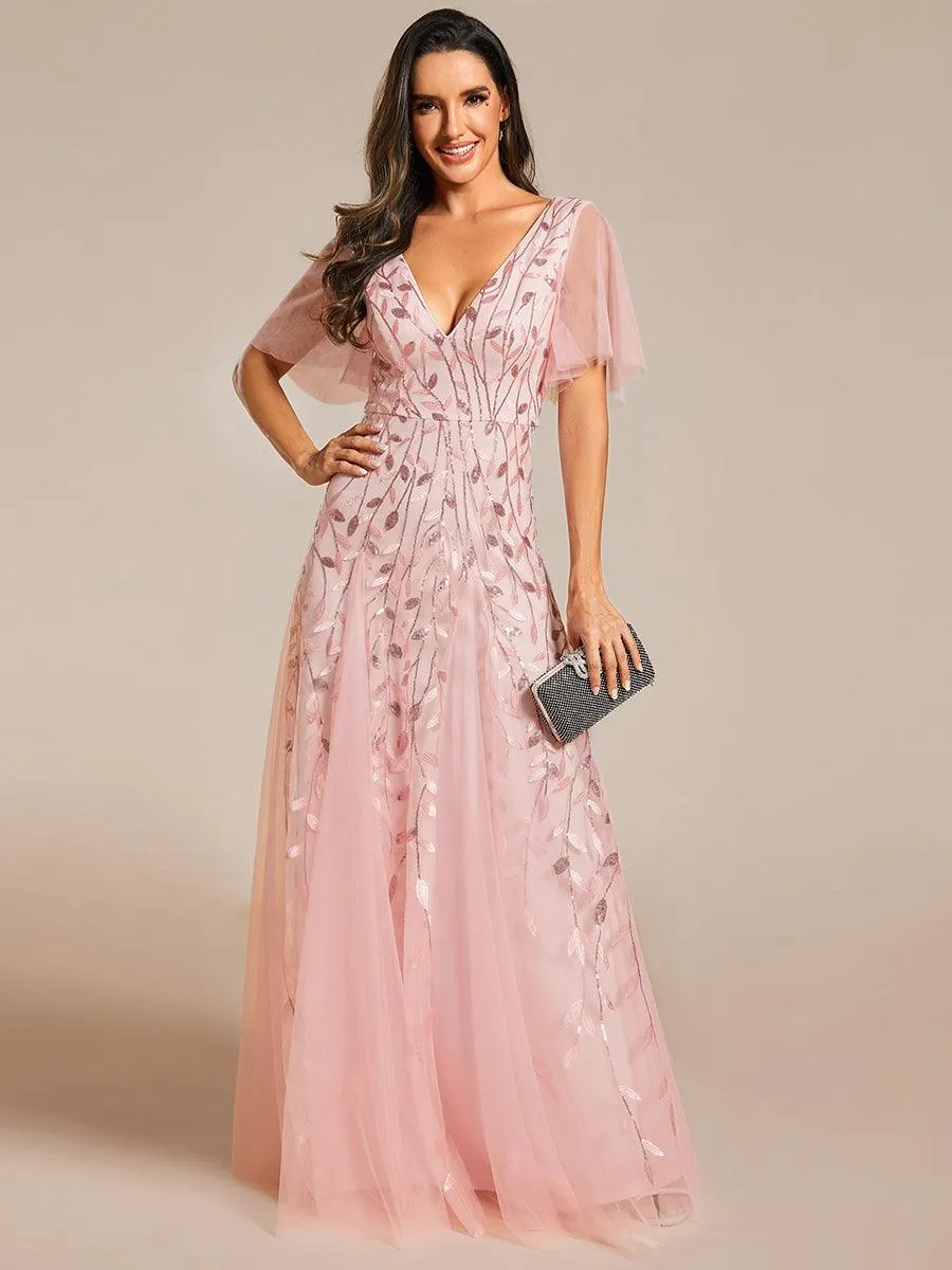 Robe de soirée de mariage à col en V et manches à volants