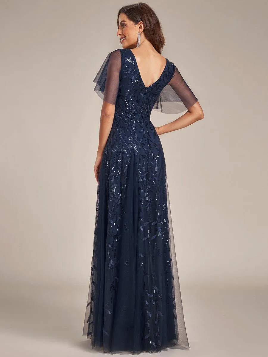 Robe de soirée de mariage à col en V et manches à volants