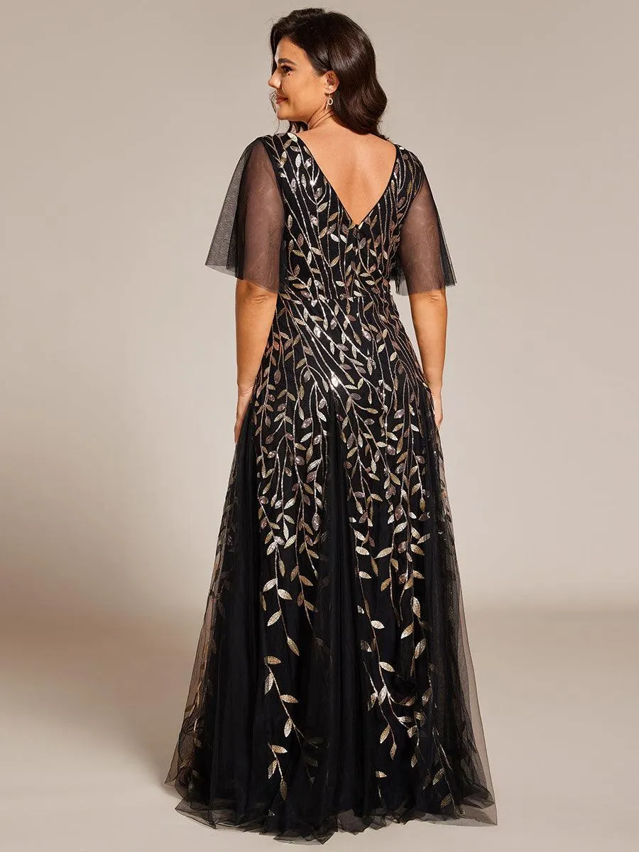 Robe de soirée de mariage à col en V et manches à volants