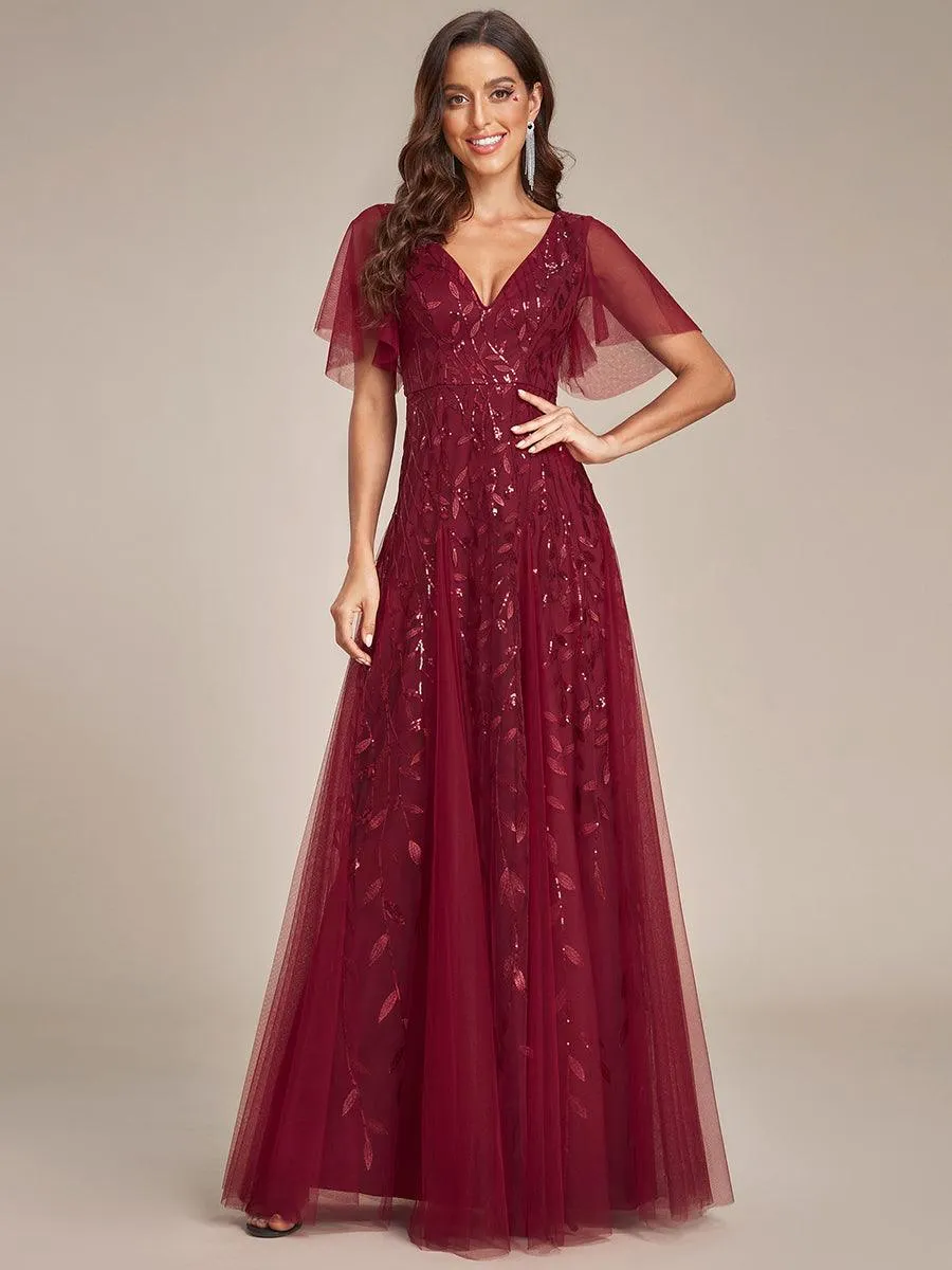 Robe de soirée de mariage à col en V et manches à volants