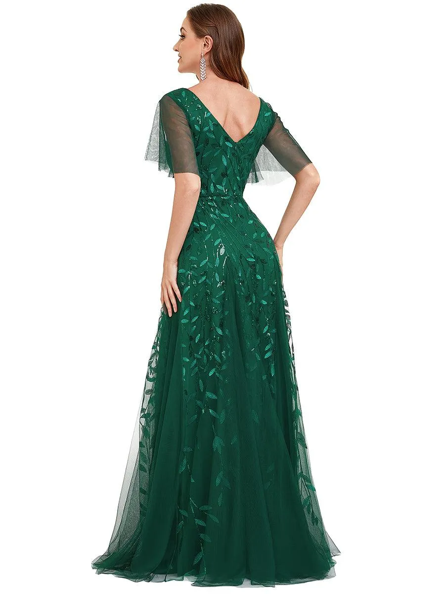 Robe de soirée de mariage à col en V et manches à volants