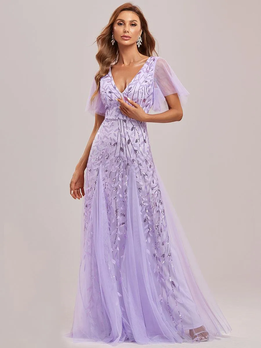 Robe de soirée de mariage à col en V et manches à volants