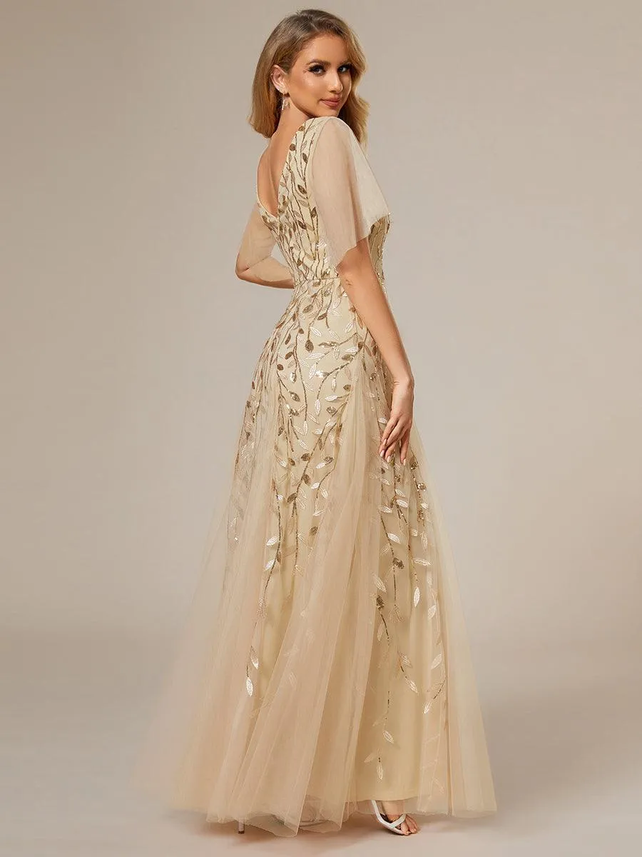 Robe de soirée de mariage à col en V et manches à volants