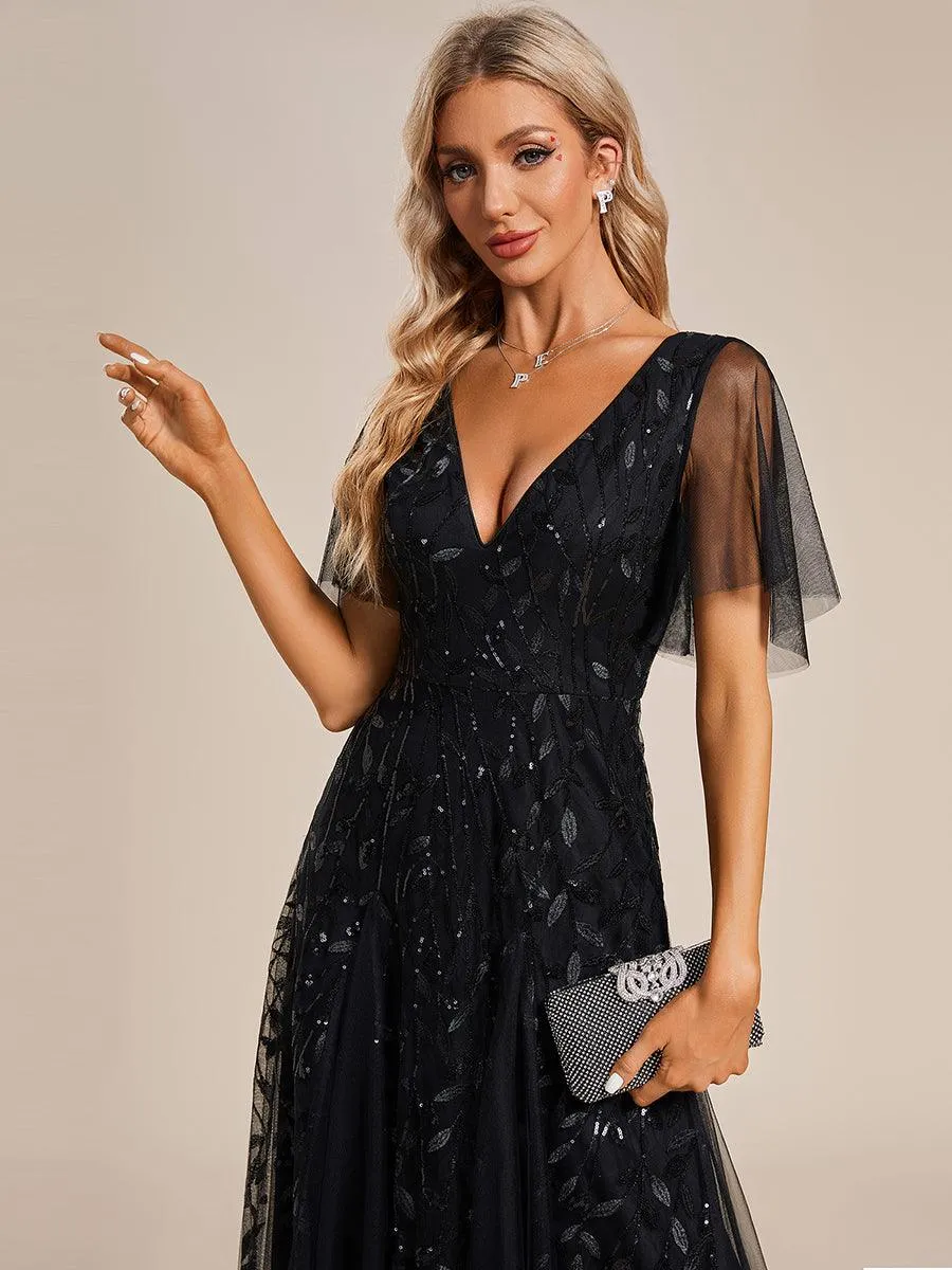Robe de soirée de mariage à col en V et manches à volants