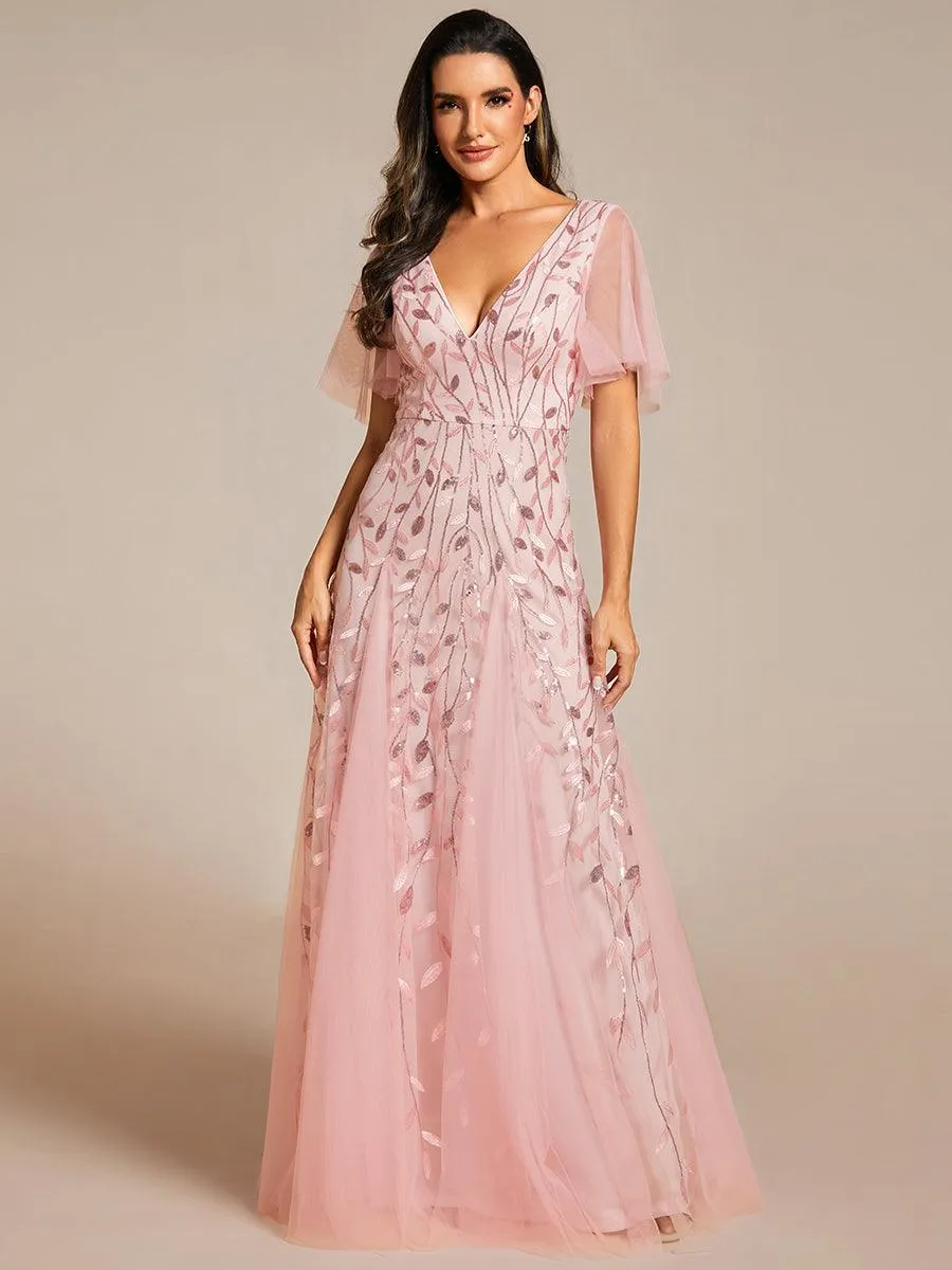 Robe de soirée de mariage à col en V et manches à volants