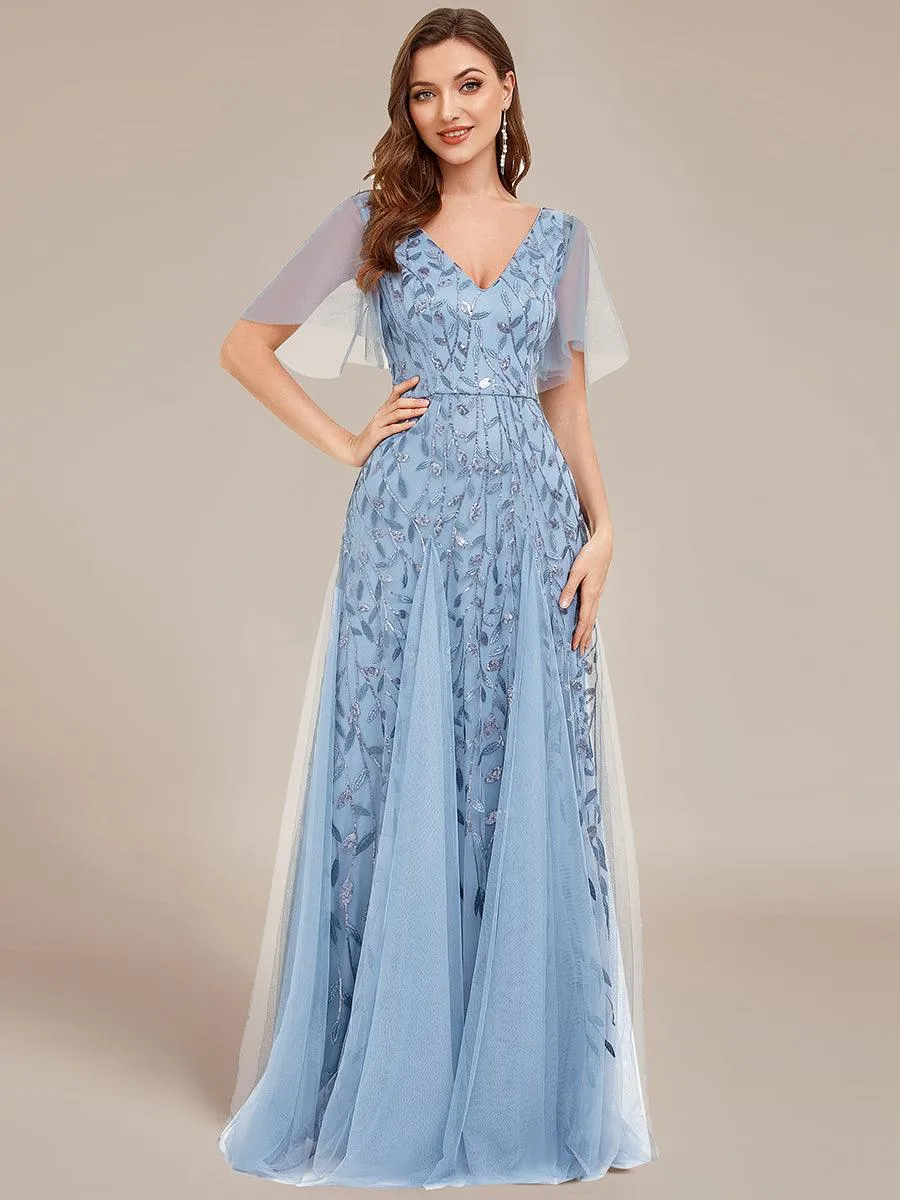 Robe de soirée de mariage à col en V et manches à volants