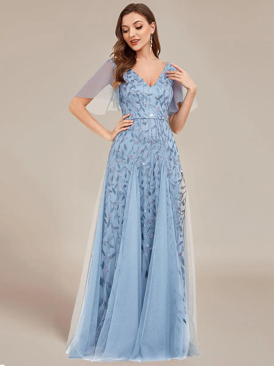 Robe de soirée de mariage à col en V et manches à volants