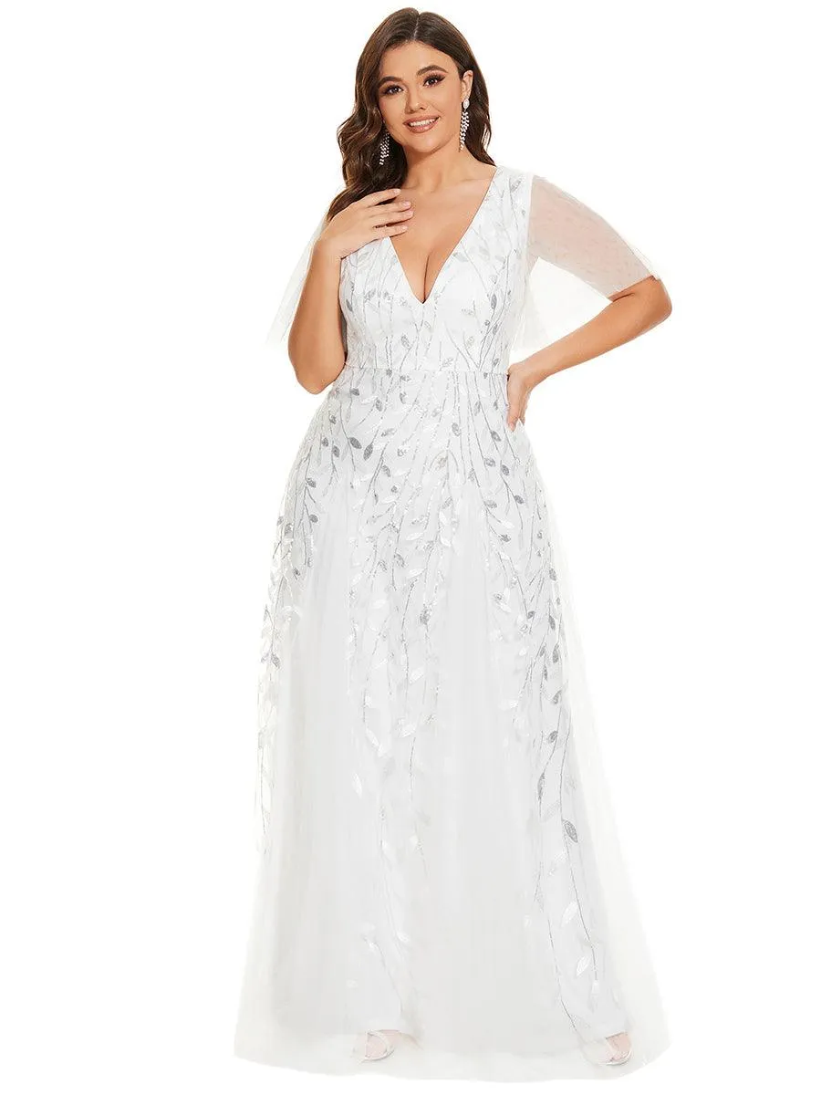 Robe de soirée de mariage à col en V et manches à volants