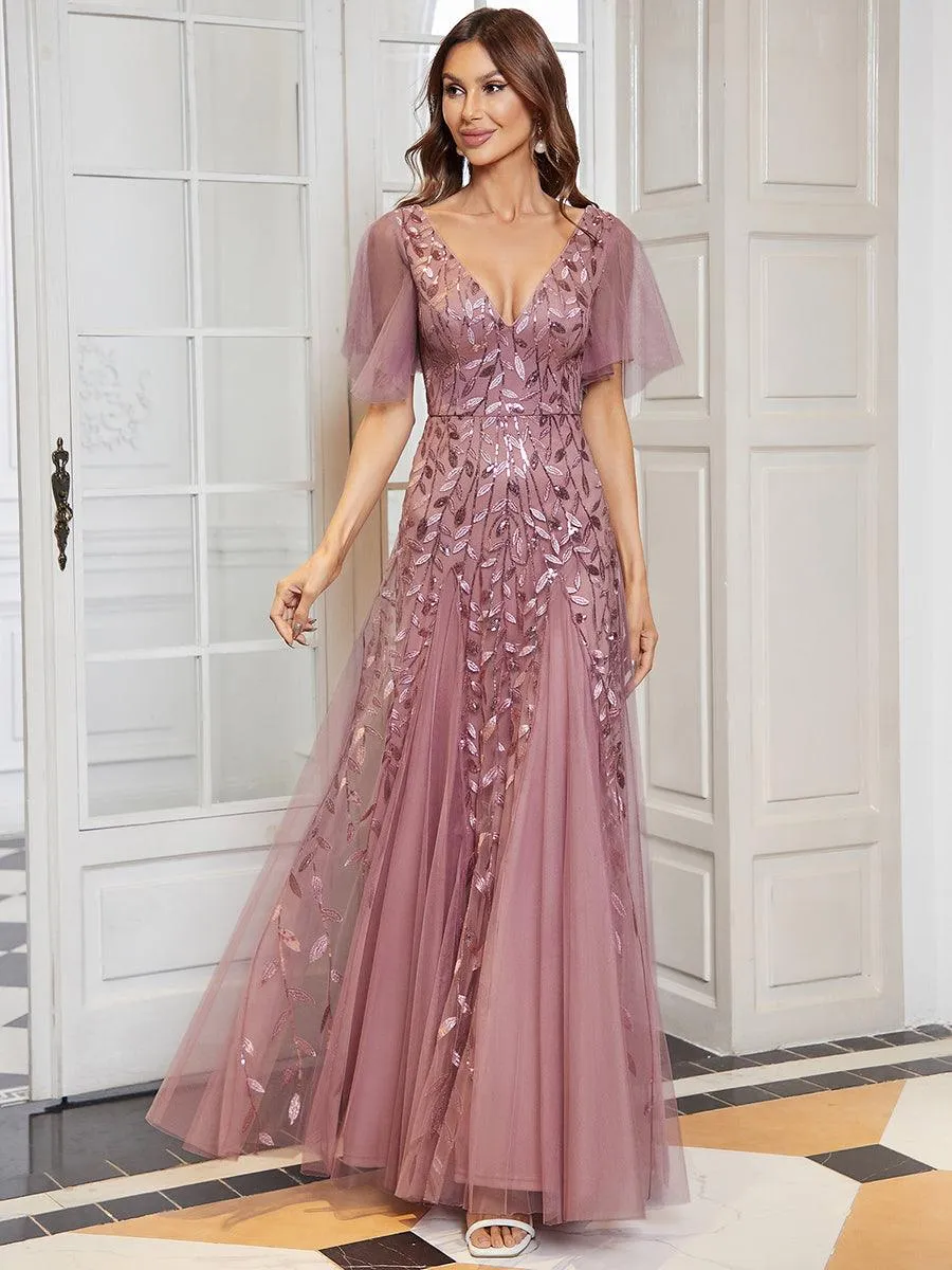 Robe de soirée de mariage à col en V et manches à volants