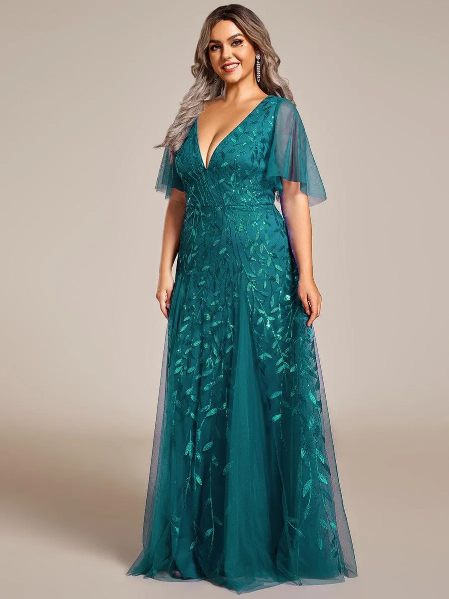 Robe de soirée de mariage à col en V et manches à volants