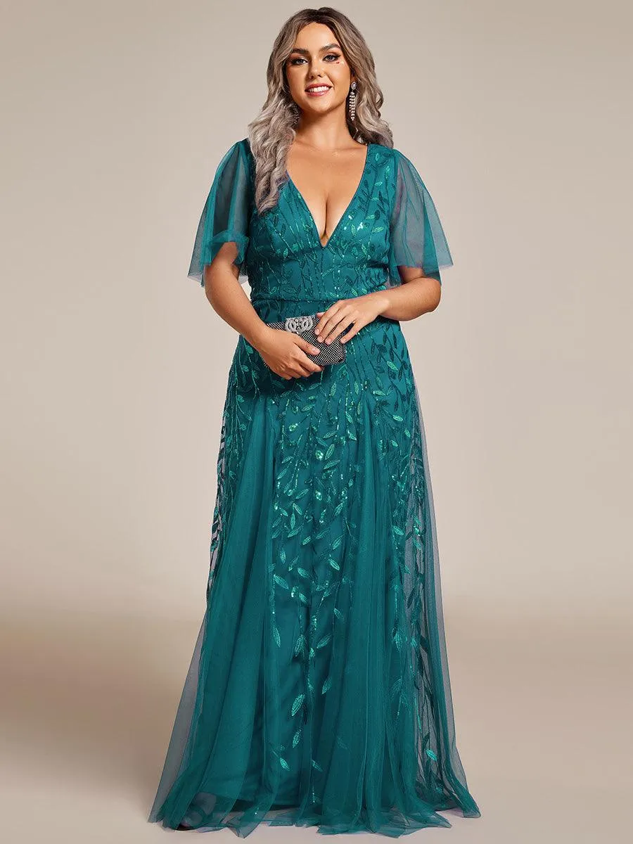 Robe de soirée de mariage à col en V et manches à volants