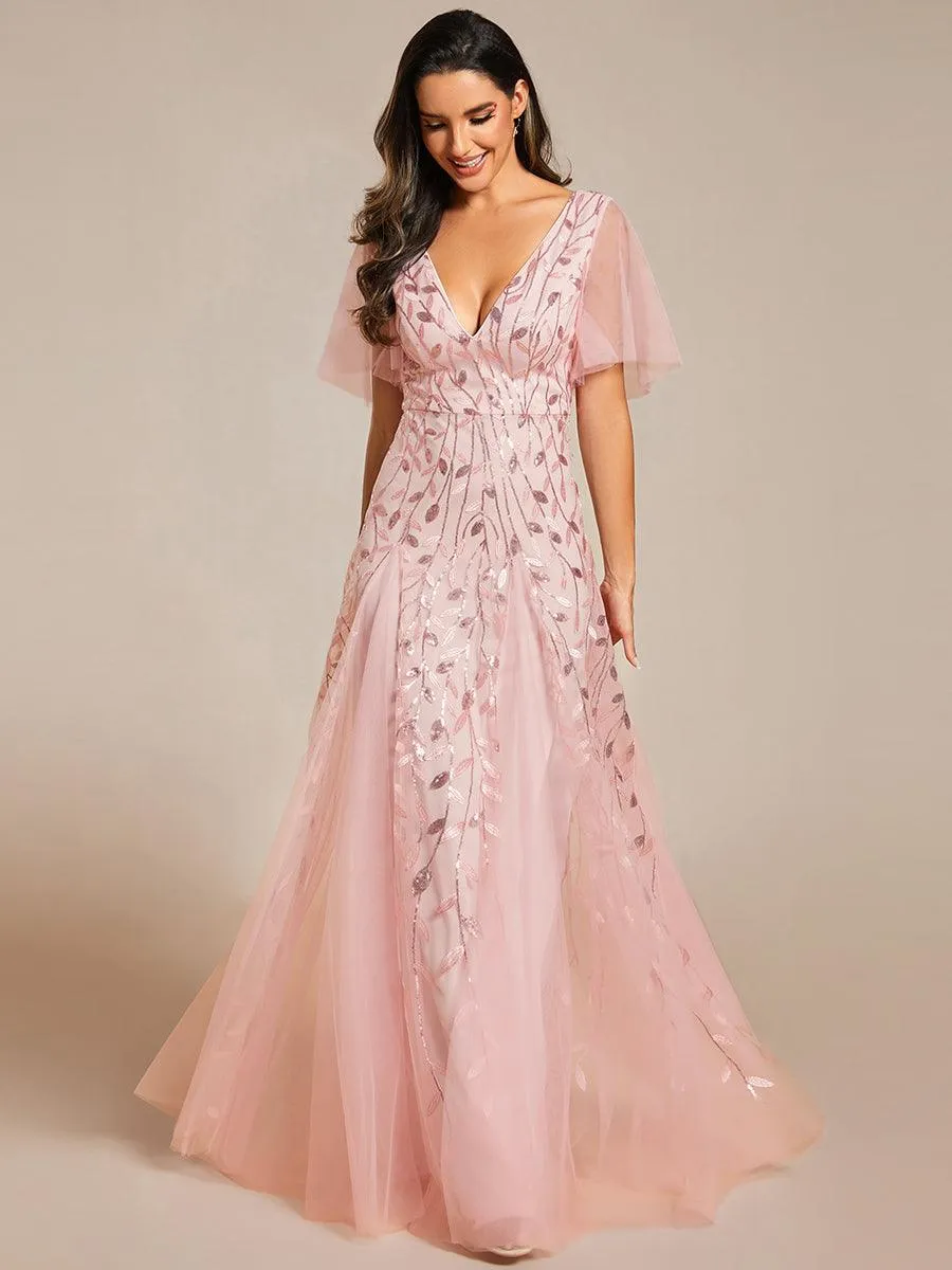 Robe de soirée de mariage à col en V et manches à volants