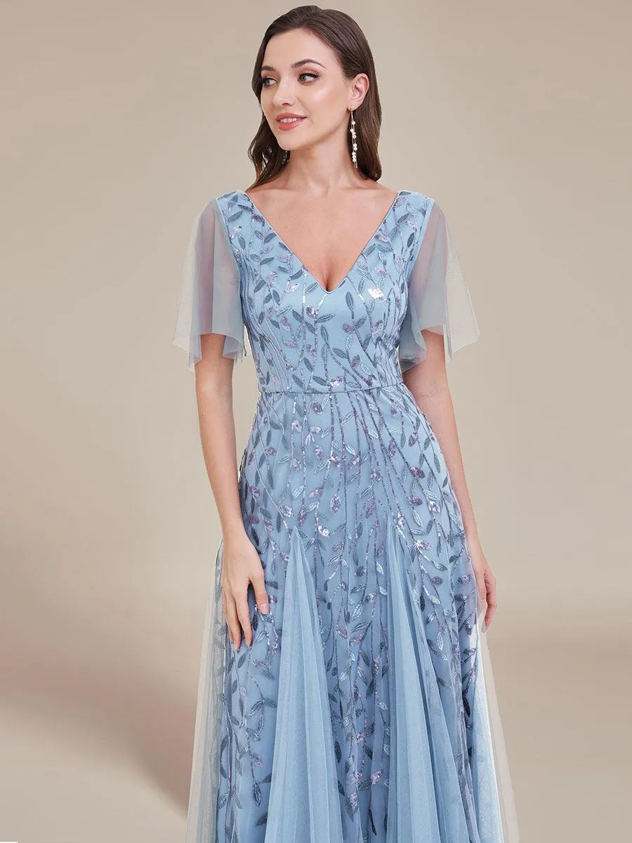 Robe de soirée de mariage à col en V et manches à volants