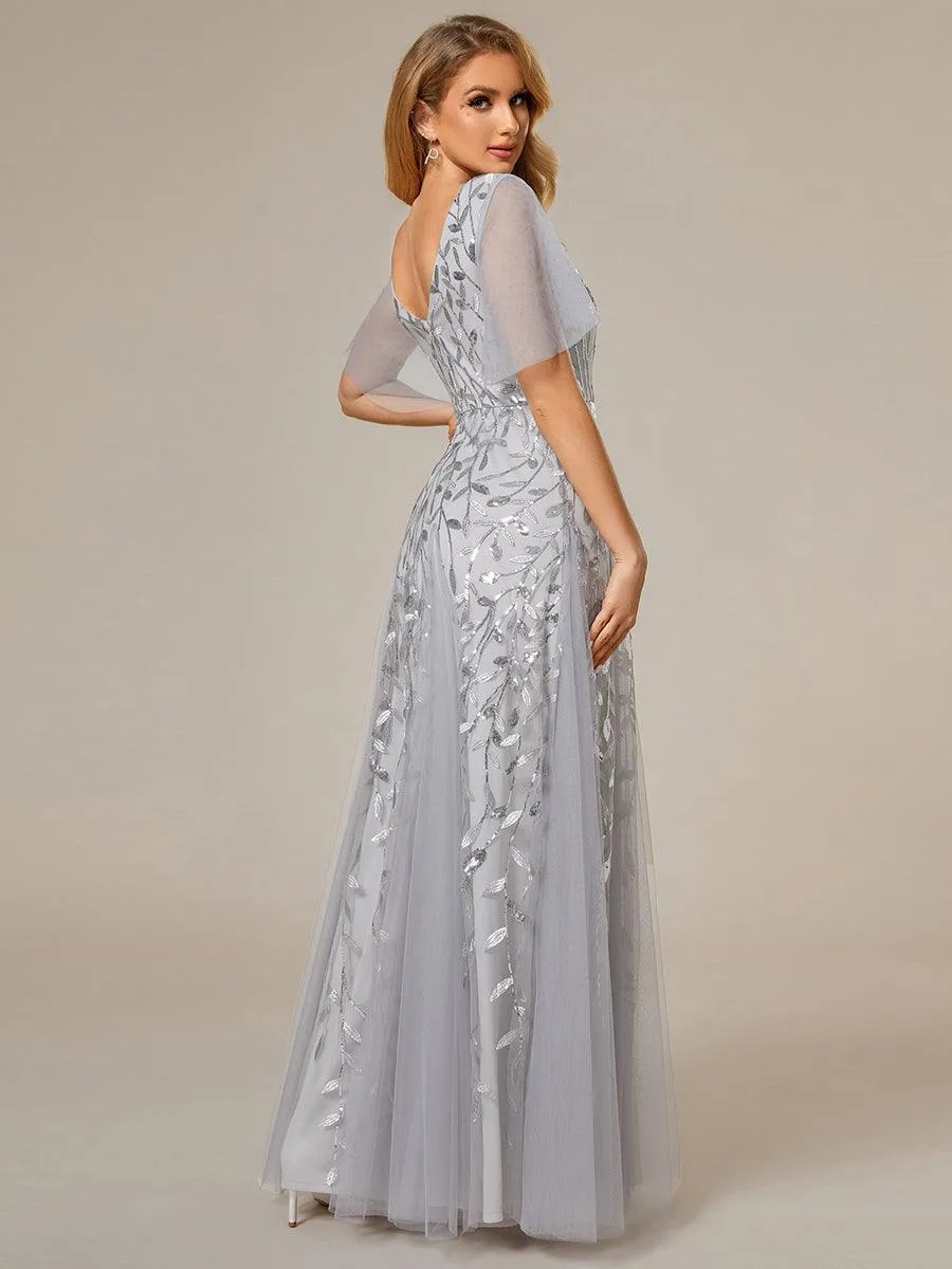 Robe de soirée de mariage à col en V et manches à volants